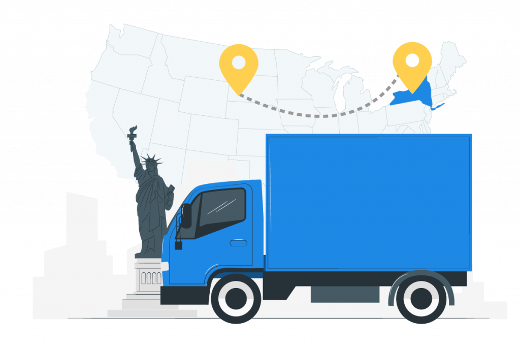 Cartoon image of a moving truck, Statue of Liberty, and a map of the US highlighting New York state.