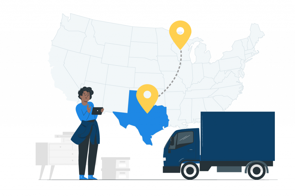 A person using a tablet to choose a moving company, standing in front of a USA map highlighting Texas.